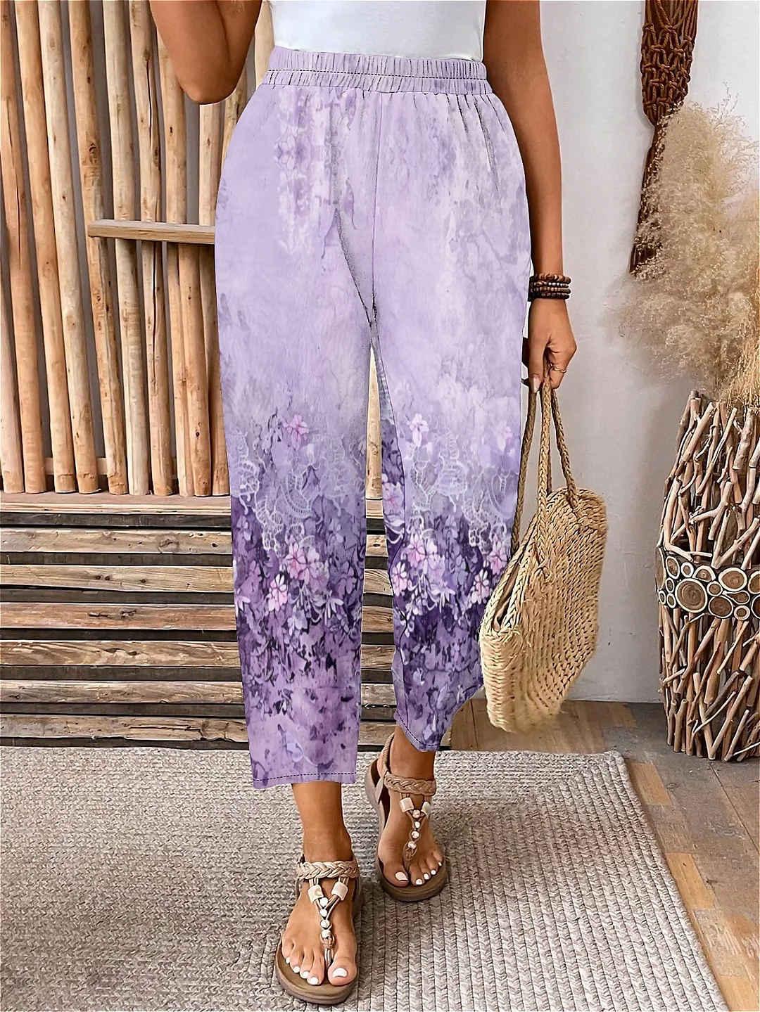 Plus Size Elastic Waist Purple,Floral,Bohemian Printed Pants