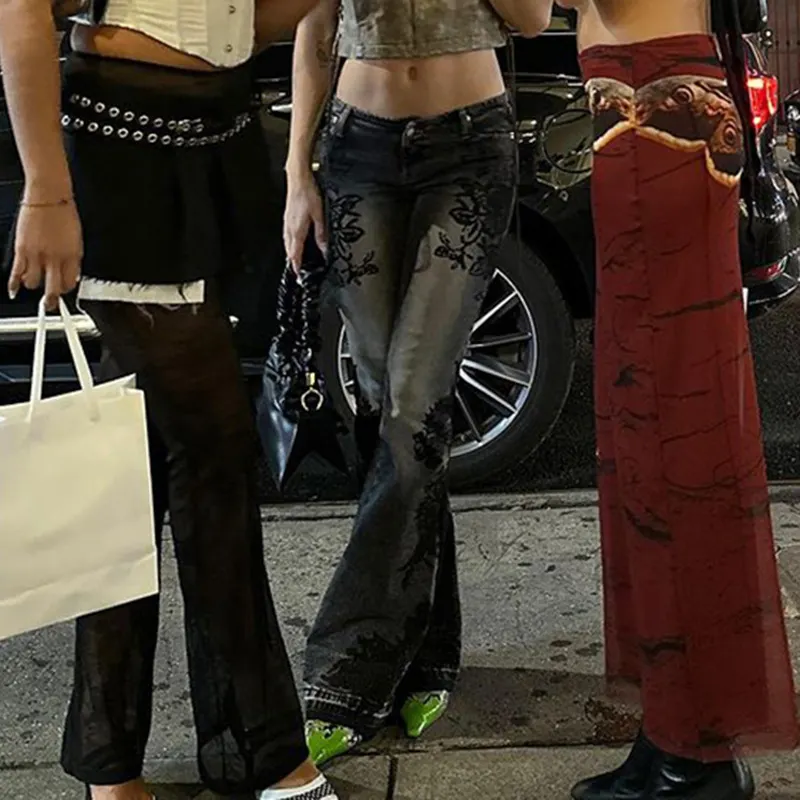 Churchf Churchf High Street Plant Print Wash Water Jeans 2023 Autumn Do Old Low Waist Micro La Pants New Style