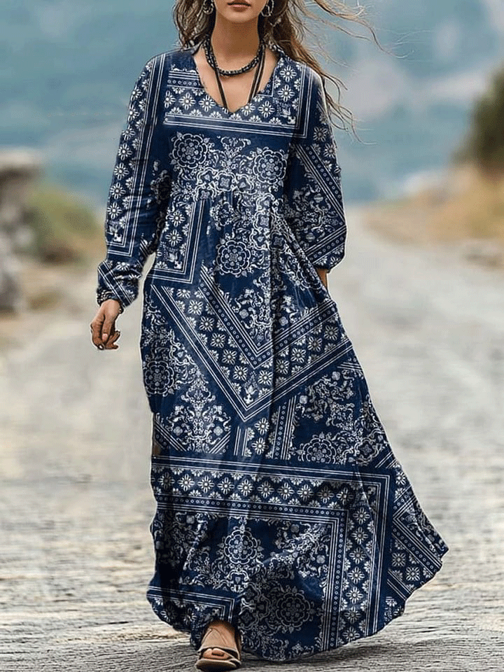 Women's Retro  Geometric  Art Print Pocket Cotton Dress