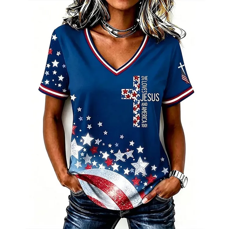 Women's Vintage Independence Day Print V-neck T-shirt