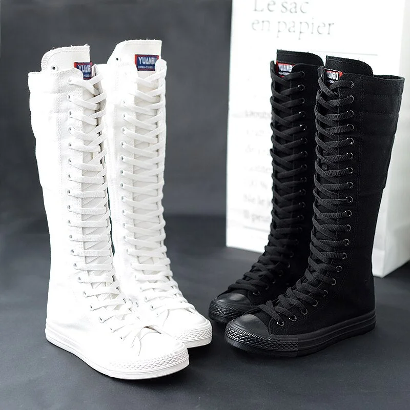 Miaoguan 2021 Spring Autumn Women Canvas Casual Shoes Long Knee High Boots Lace-Up Zipper Comfortable Flat Sneakers Small Size
