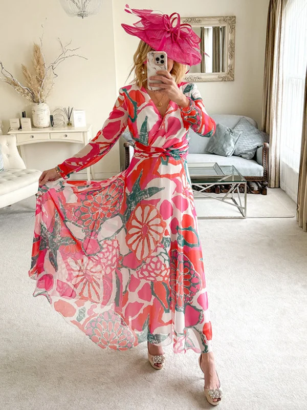 V-Neck Printed Long Sleeve Chiffon Maxi Dress