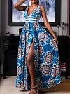 Split-Side Floral Printed Condole Belt Maxi Dresses