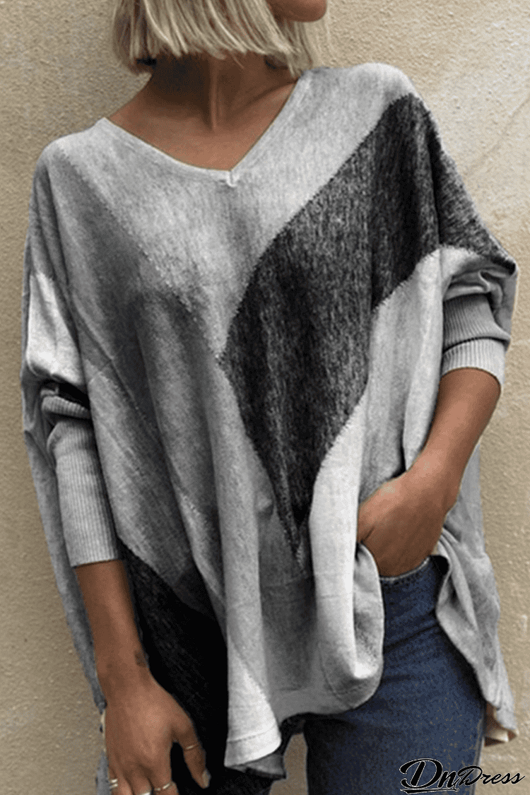 Casual Patchwork Contrast V Neck Tops