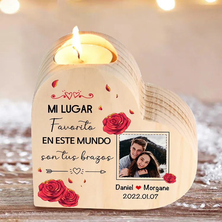 Candelero de madera para pareja con texto amoroso y rosas sin vela personalizado con nombres, fecha, foto