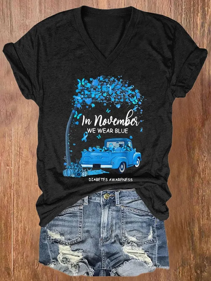 Women's In November We Wear Blue Diabetes Awareness Print V Neck T-Shirt