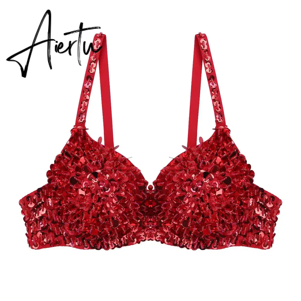 Women Adjustable Bra Fashion Sparkle Sequins Beading Padded Underwire Bra Brassiere Top for Raves Dances Club Wear Belly Dancing Aiertu