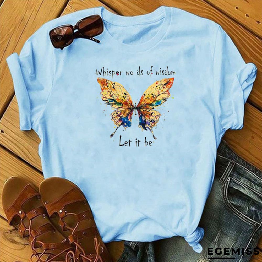Baby Blue Fashion Casual Print O Neck Tops | EGEMISS