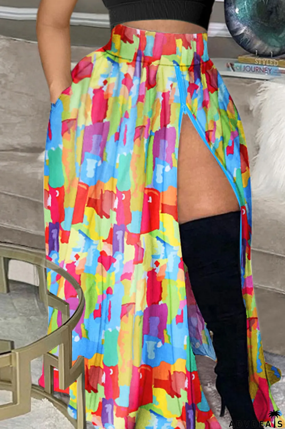 Colour Casual Print Patchwork Slit High Waist Type A Full Print Bottoms