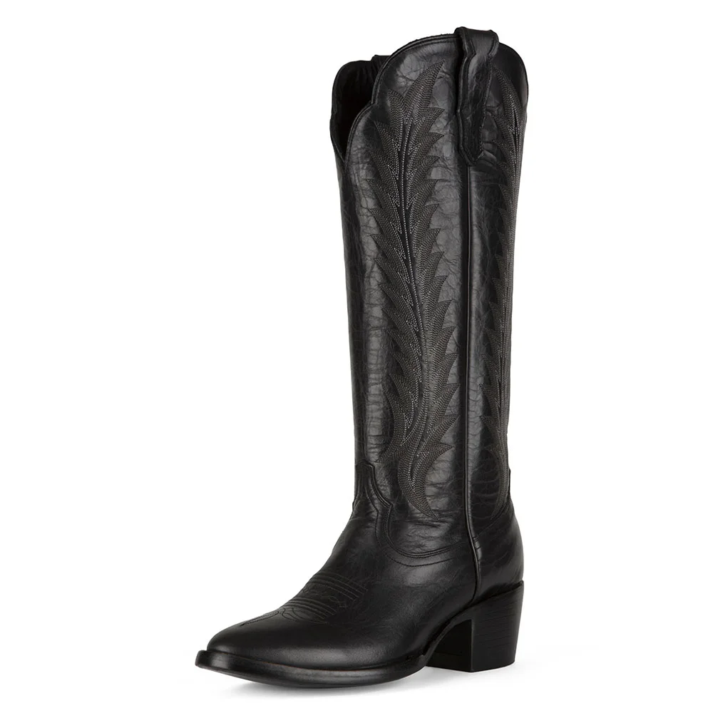 Black Embroidery Round Toe Chunky Heel Western Boots for Women