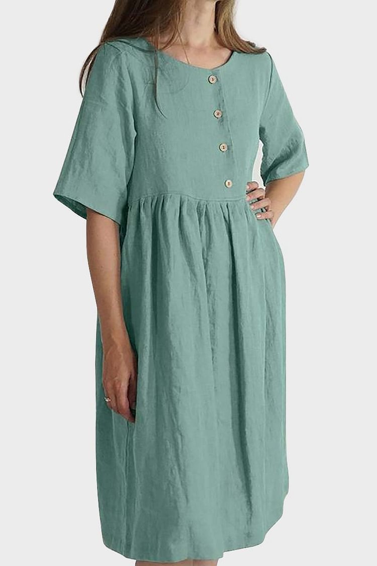 Short Sleeve Button Up Pleated Casual Linen Midi Dress