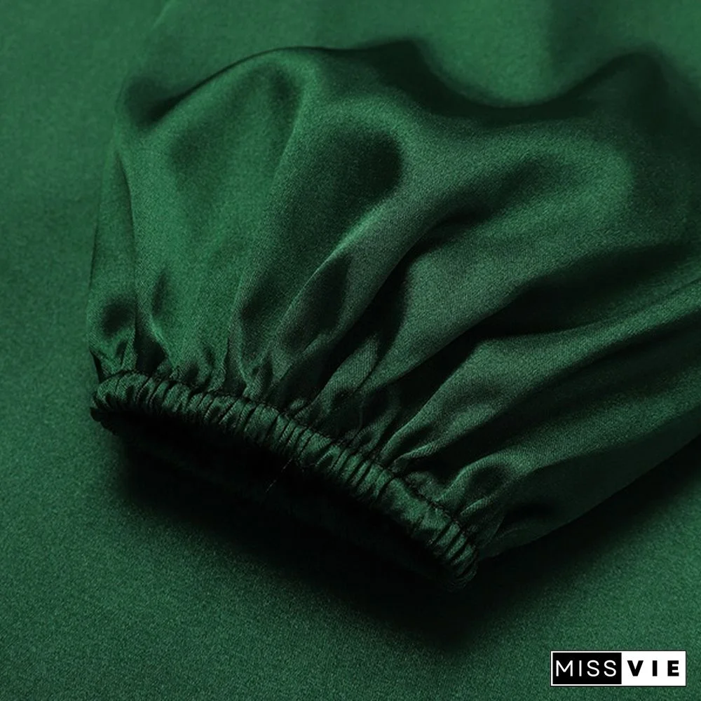 Women Elegant Long Wrap Dress Puff Long Sleeve V Neck Bandage Party Casual Silk Stain Maxi Dress Vestidos