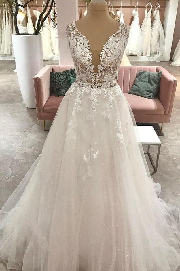 A-Line Tulle Floor-length Sweetheart Wedding Dress With Appliques Lace | Ballbellas Ballbellas