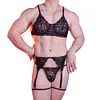 Men's Sexy 3 Piece Lingerie Set Lace Bra Garter Belt Thong