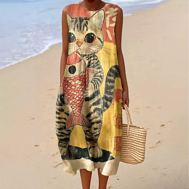 Women's Vintage Cat Fish Art Print Sleeveless Cotton Pocket Wrap Dress