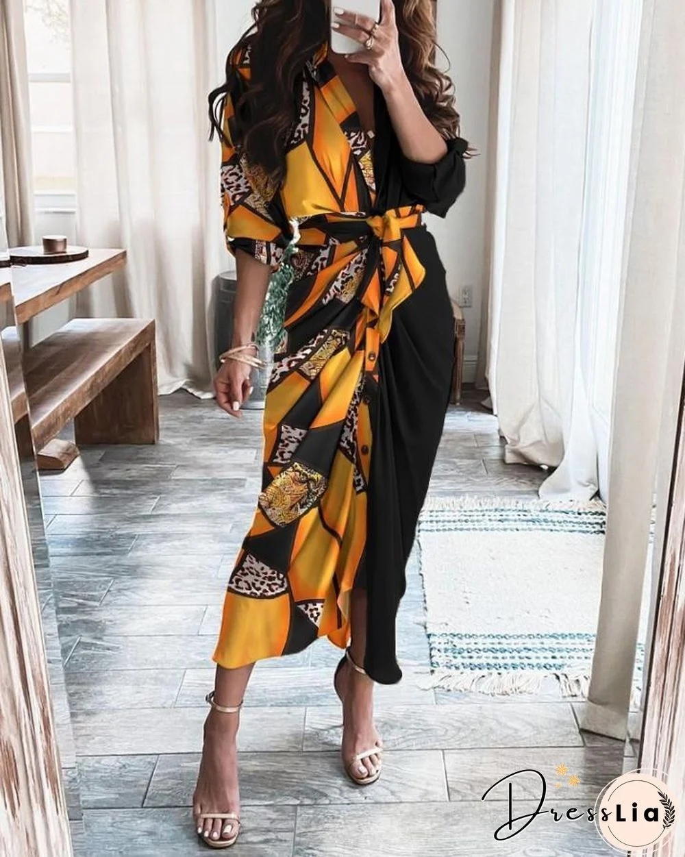 Graphic Print Long Sleeve Strap Slit Shirt Dress P12188