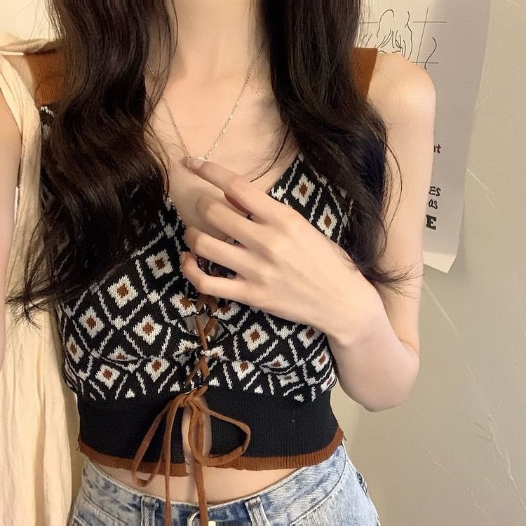 Matakawa Y2K Top Japanese Retro Spaghetti Strap Sleeveless Contrast Color Plaid Corset Haut Femme V Neck Bandage Coquette Tanks - Life is Beautiful for You - SheChoic