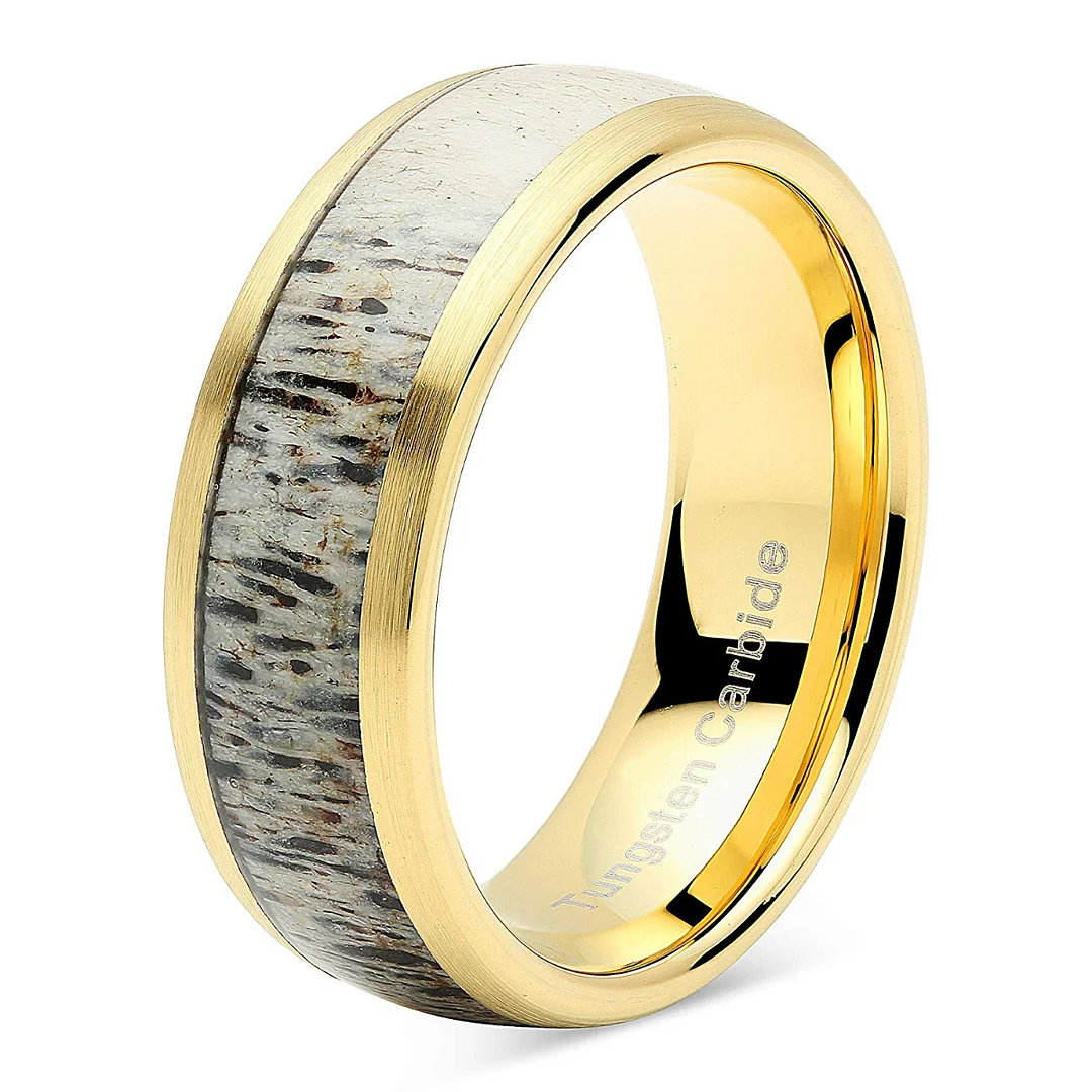 Men Women Tungsten Matching Ring for Couple Gold Wedding Band Antler Inlaid Dome Edge Matte Finish Mens Womens Rings For 4MM 6MM 8MM 10MM
