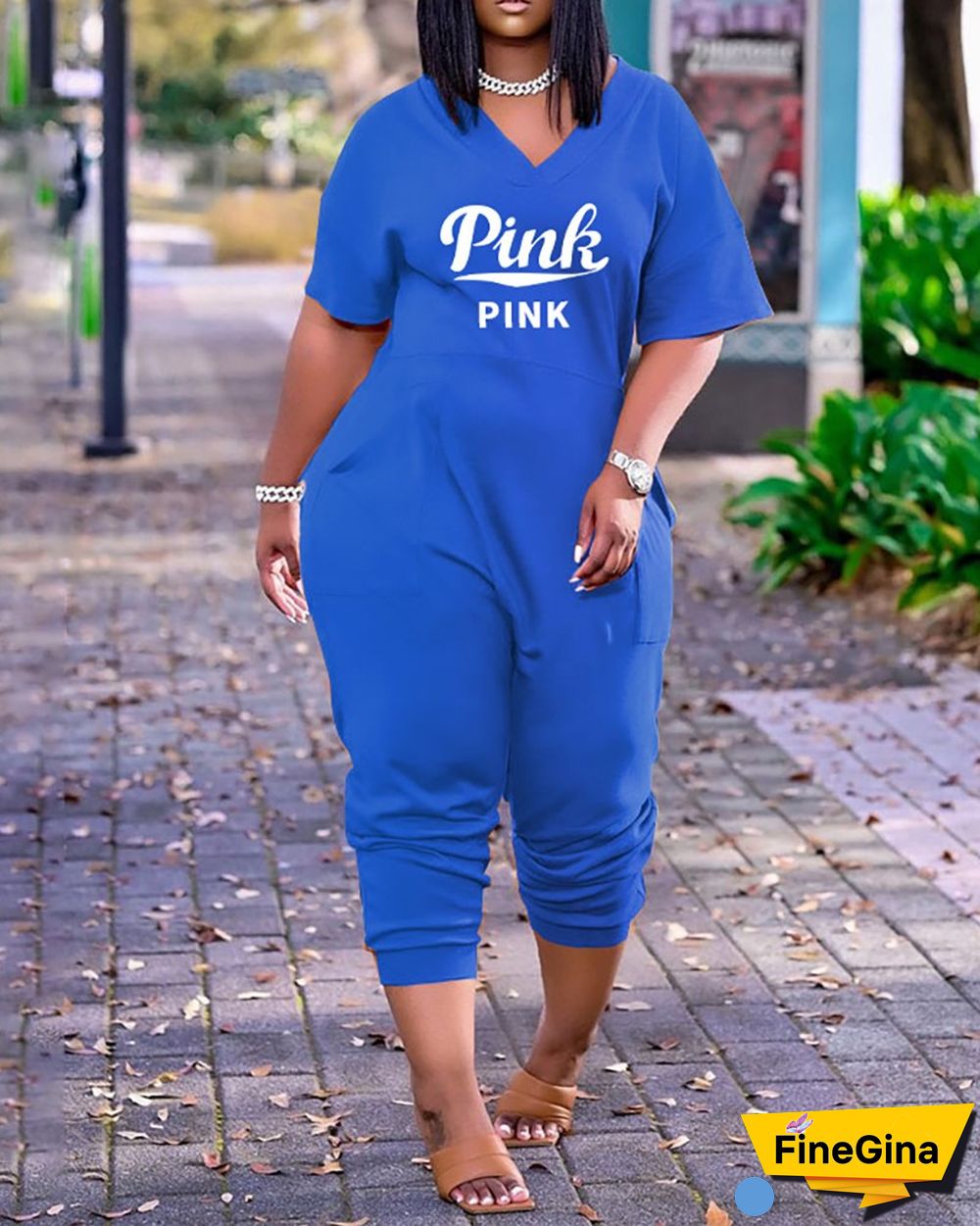 Letter Print V-Neck Short Sleeve Pocket Design Jumpsuit