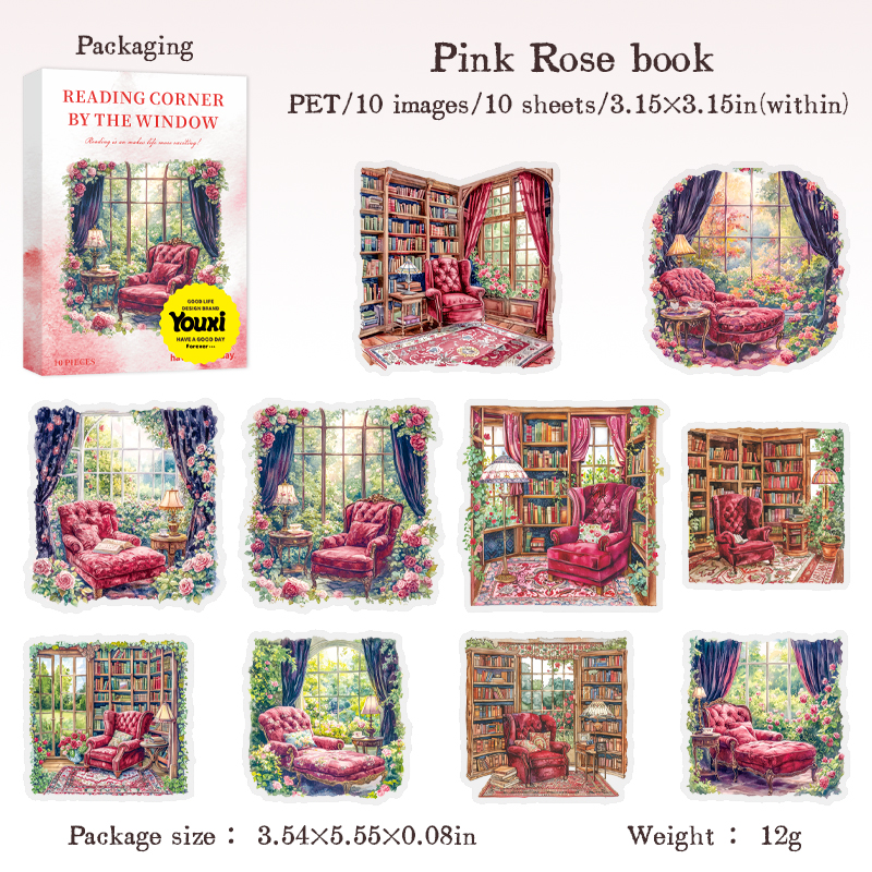 PET Sticker - Reading Corner By The Window Series Vintage Flower Window Landscape 