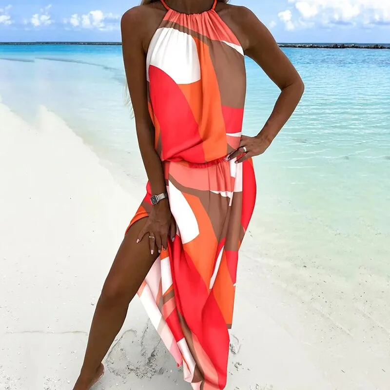 Sexy Halter Neck Off Shoulder Long Beach Dress Ladies Summer Fashion Boho Print Dress Women Casual Sleeveless Loose Dresses New