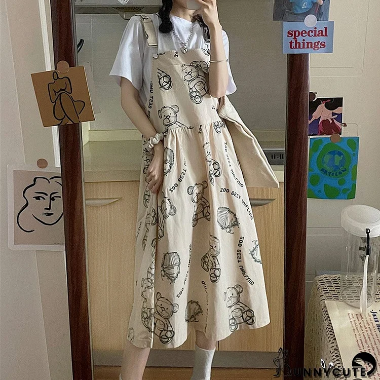 Cartoon Bear Print Overalls Dress T-Shirt