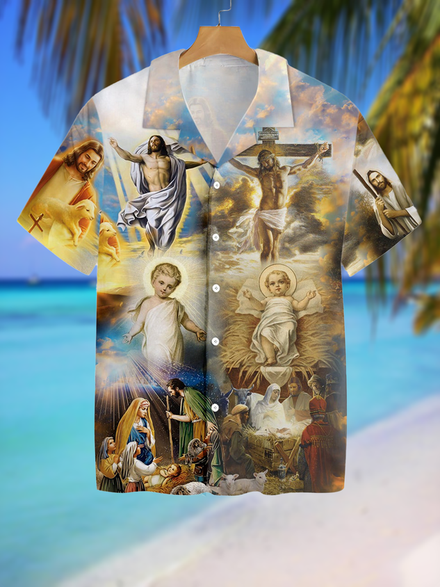 Leisure Holiday Festival Collection Jesus Element Pattern Hawaiian Print Shirt Top