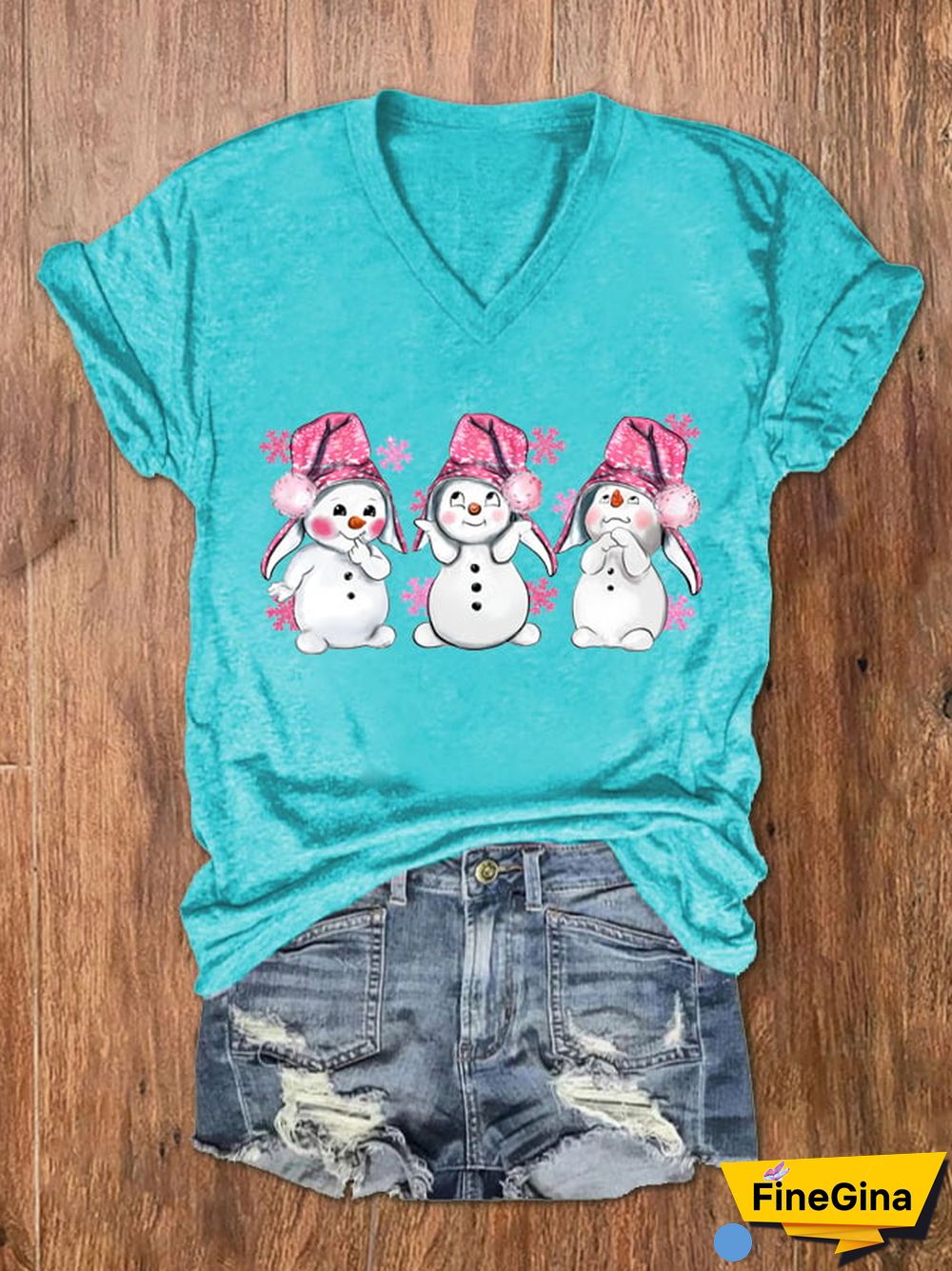 Women's Pink Christmas Snowman Print V-Neck T-Shirt
