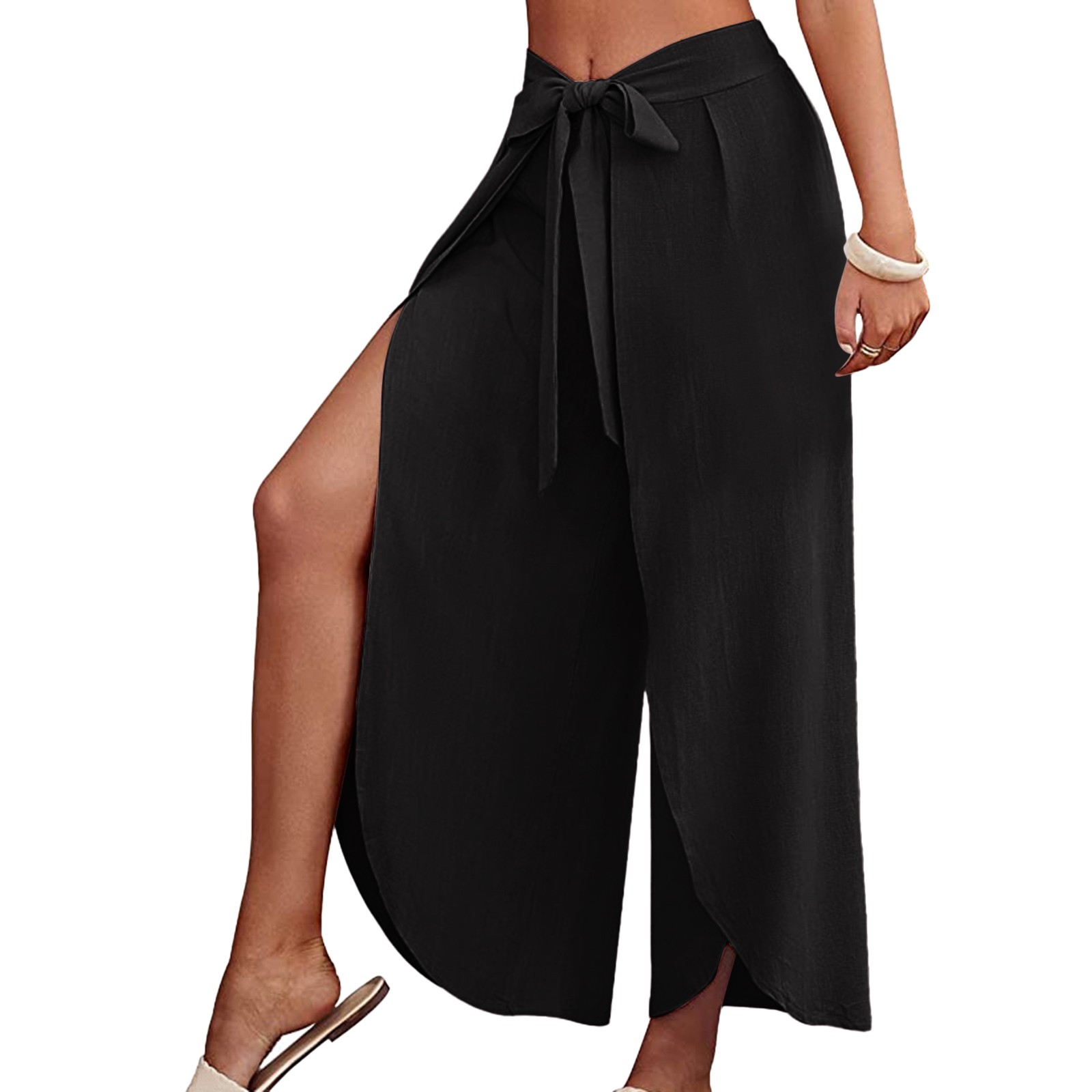 Verbsign Summer Casual Beach Palazzo Pants Ladies Slim Lace Up Business Flared Wide Leg Pants Versatile Beach Pants New Linen Dress Pants