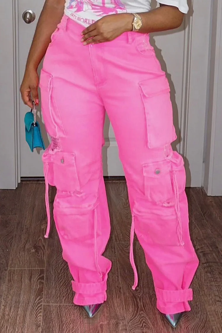 Xpluswear Plus Size Pink Daily Pockets Buttons Cargo Denim Jeans [Pre-Order]