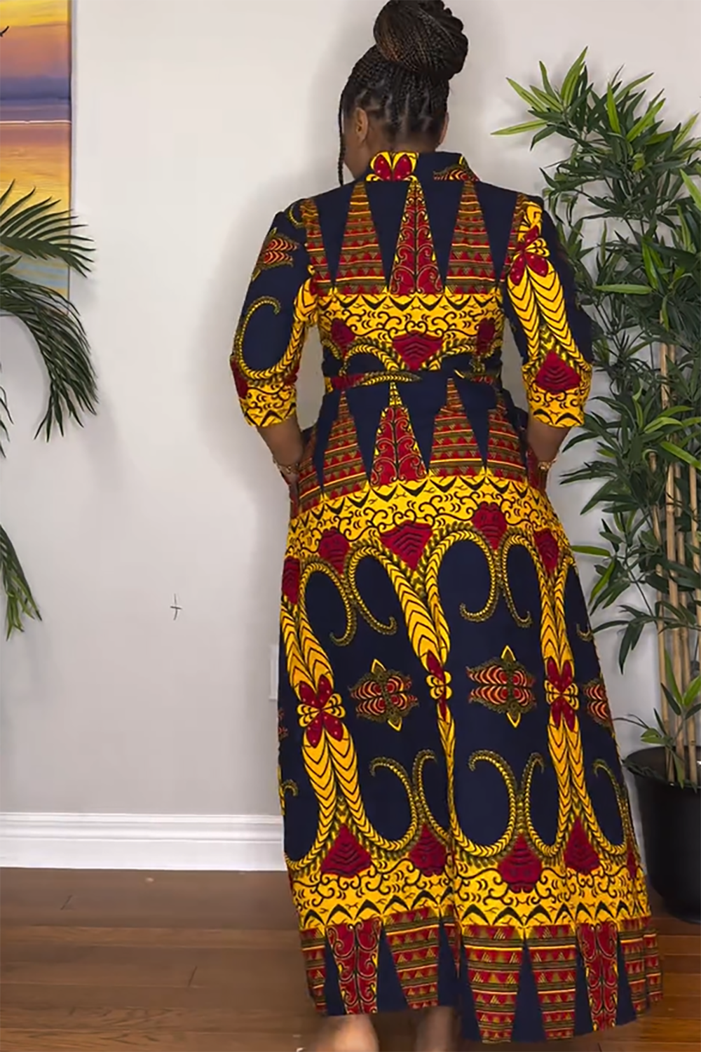 Plus Size Daily Midi Dresses Casual Yellow Ankara Spring Summer Shirt Collar Half Sleeve Pocket Midi Dresses [Pre-Order]