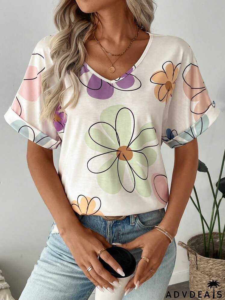 Autumn Casual Street Style Sports & Fashionable Floral Print Women's T-Shirt
