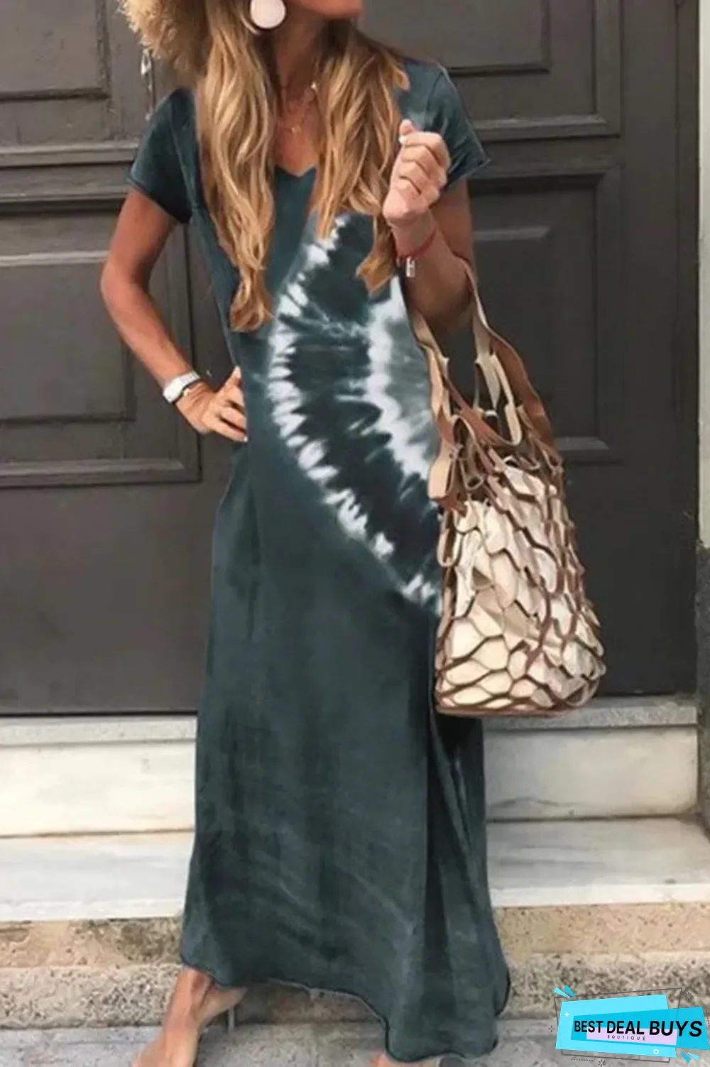 V-Neck Gradient Print Short Sleeves Casual Maxi Dress