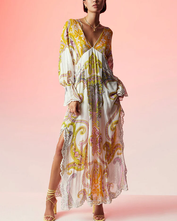 Bohemian Print V-Neck Kaftan Dress