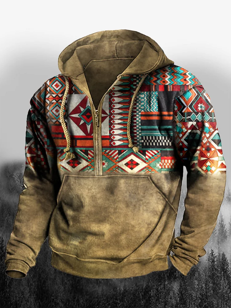 Men's Vintage Ethnic Print Pocket Zip Hoodie