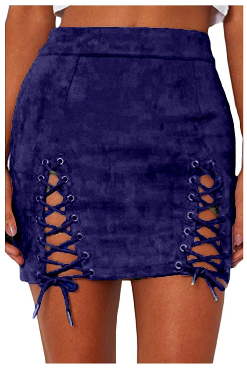 Womens Sexy High Waist Lace up Bodycon Faux Suede Split Tight Mini Skirt