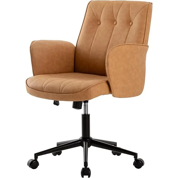 Home Office Desk Chairs, Mid Century Modern Office Chair with Mid Back, Swivel Upholstered Desk Chair with Padded Seat, Height Adjustable Comfy Office Chair with Wheels. Brown