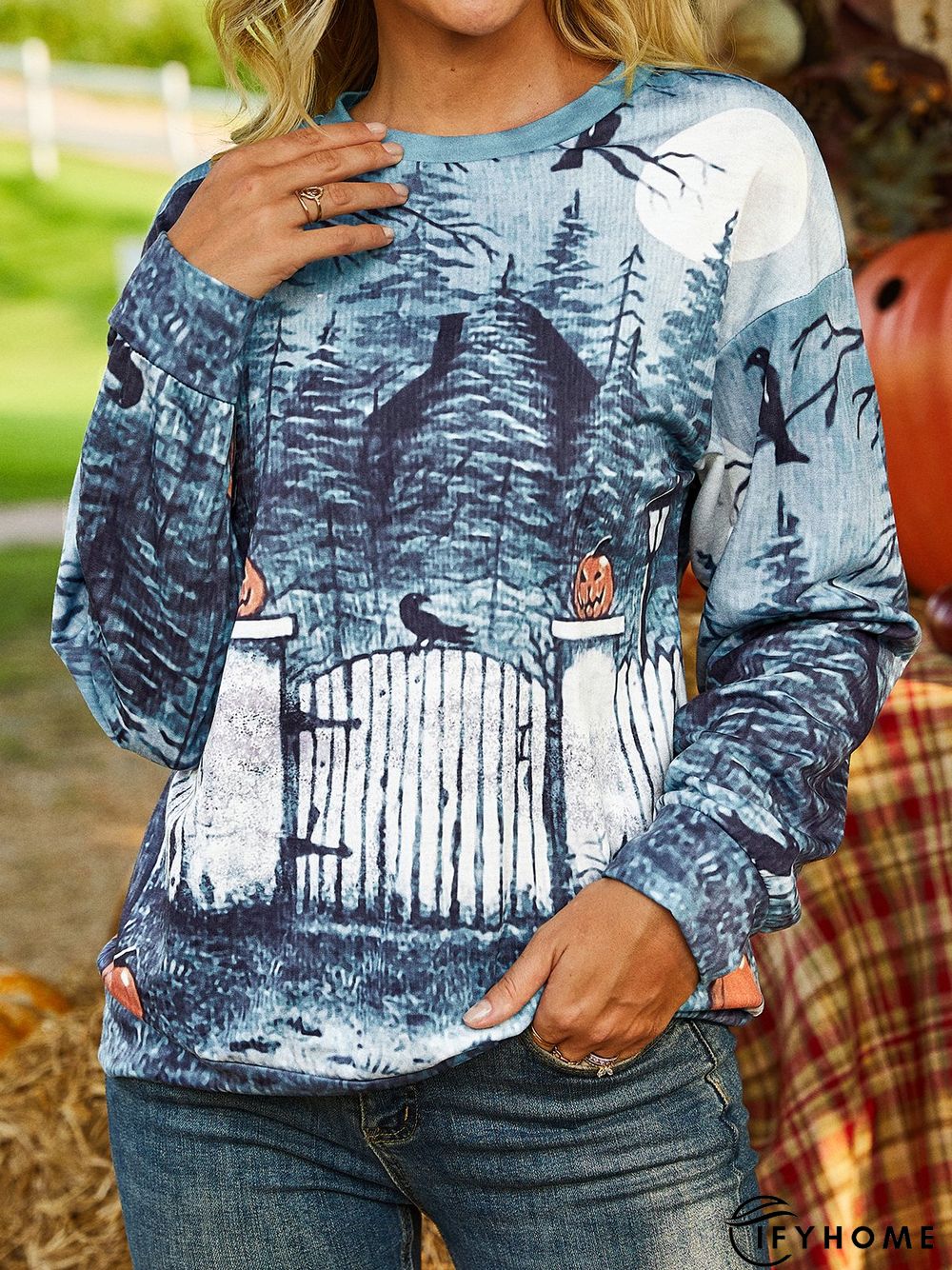 Light Blue Crew Neck Printed Outdoor Sweatshirt | IFYHOME