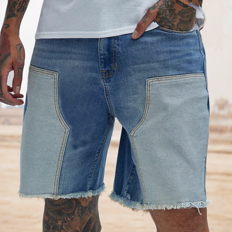 Men's Retro Color Block Spliced ​​denim Shorts Brushed Washed Jorts