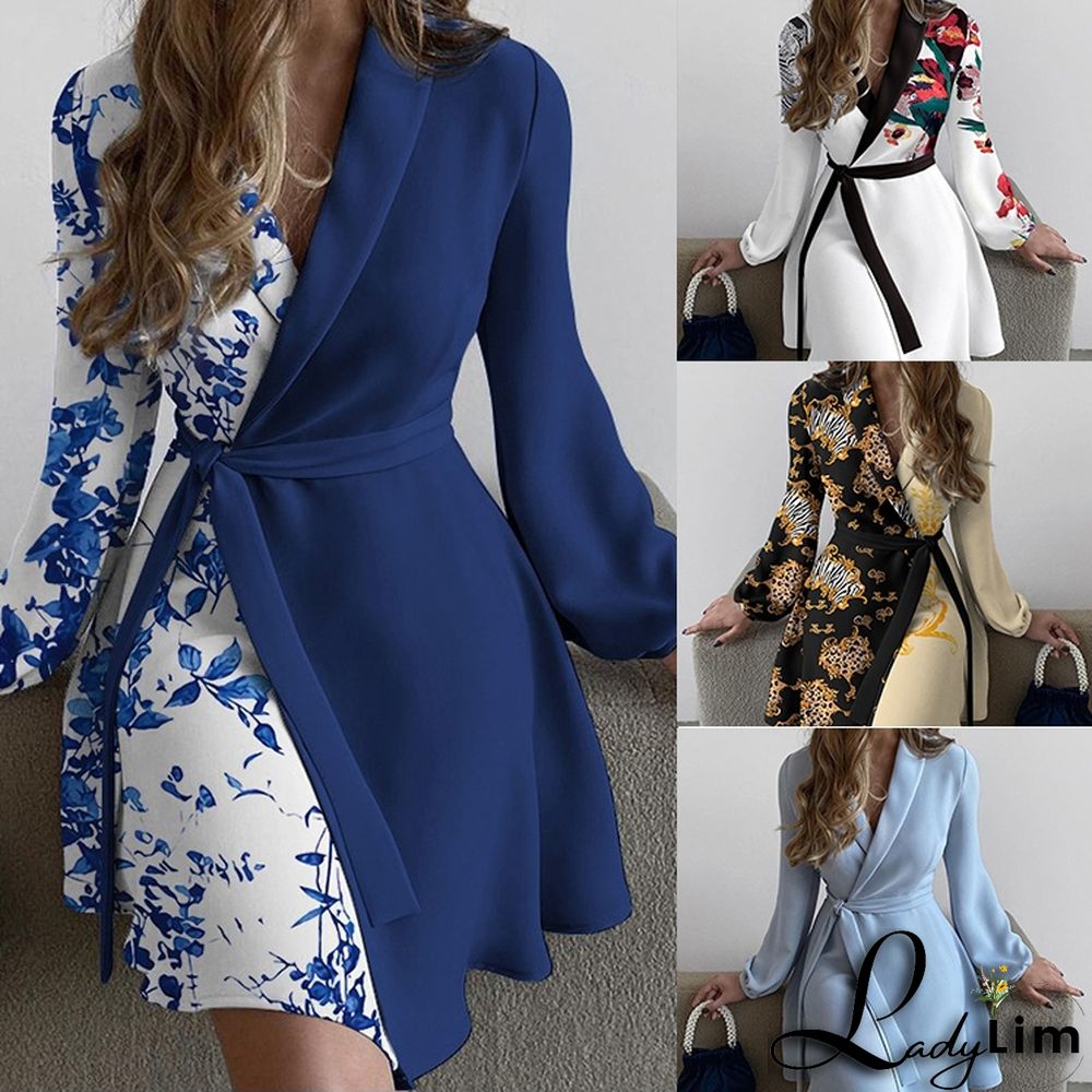 Autumn Blue Print V-Neck Wrap Elegant Cocktail Dress