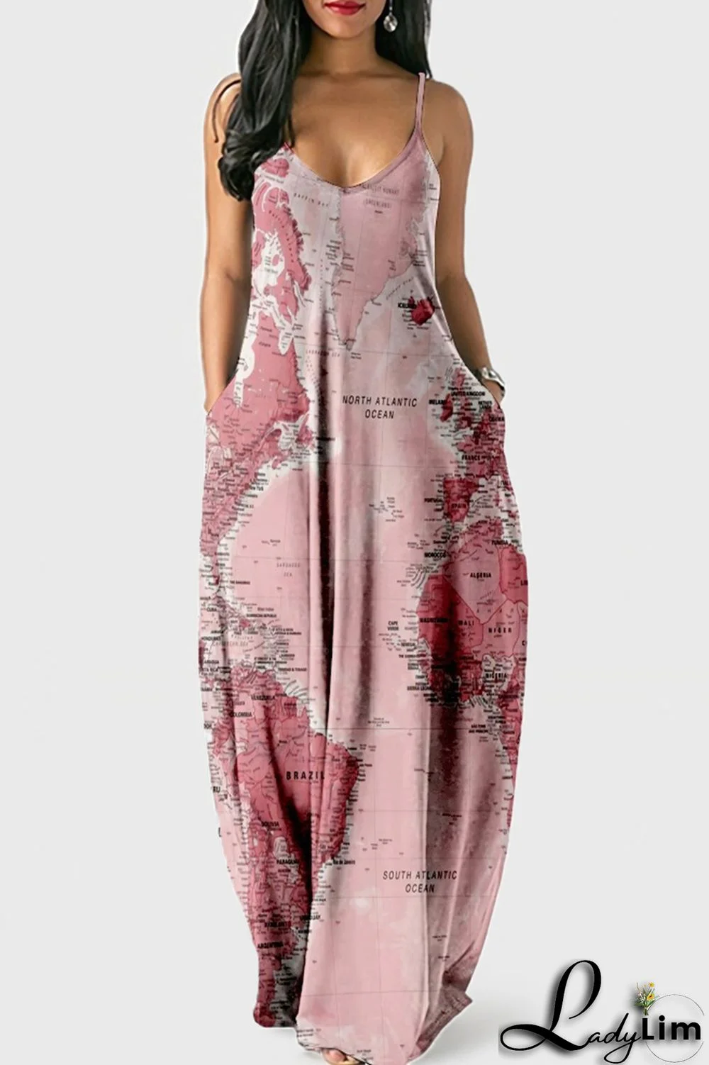 Pink Fashion Sexy Print Backless Spaghetti Strap Long Dress