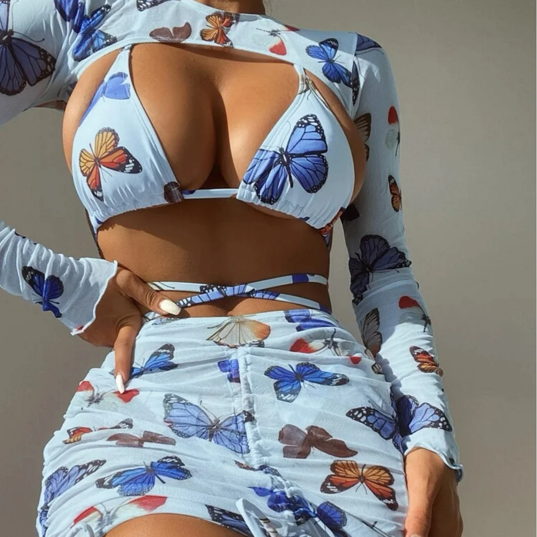 Uveng 2023 New Butterfly Print Drawstring Strap Sexy Four-Piece Swimsuit Bikini