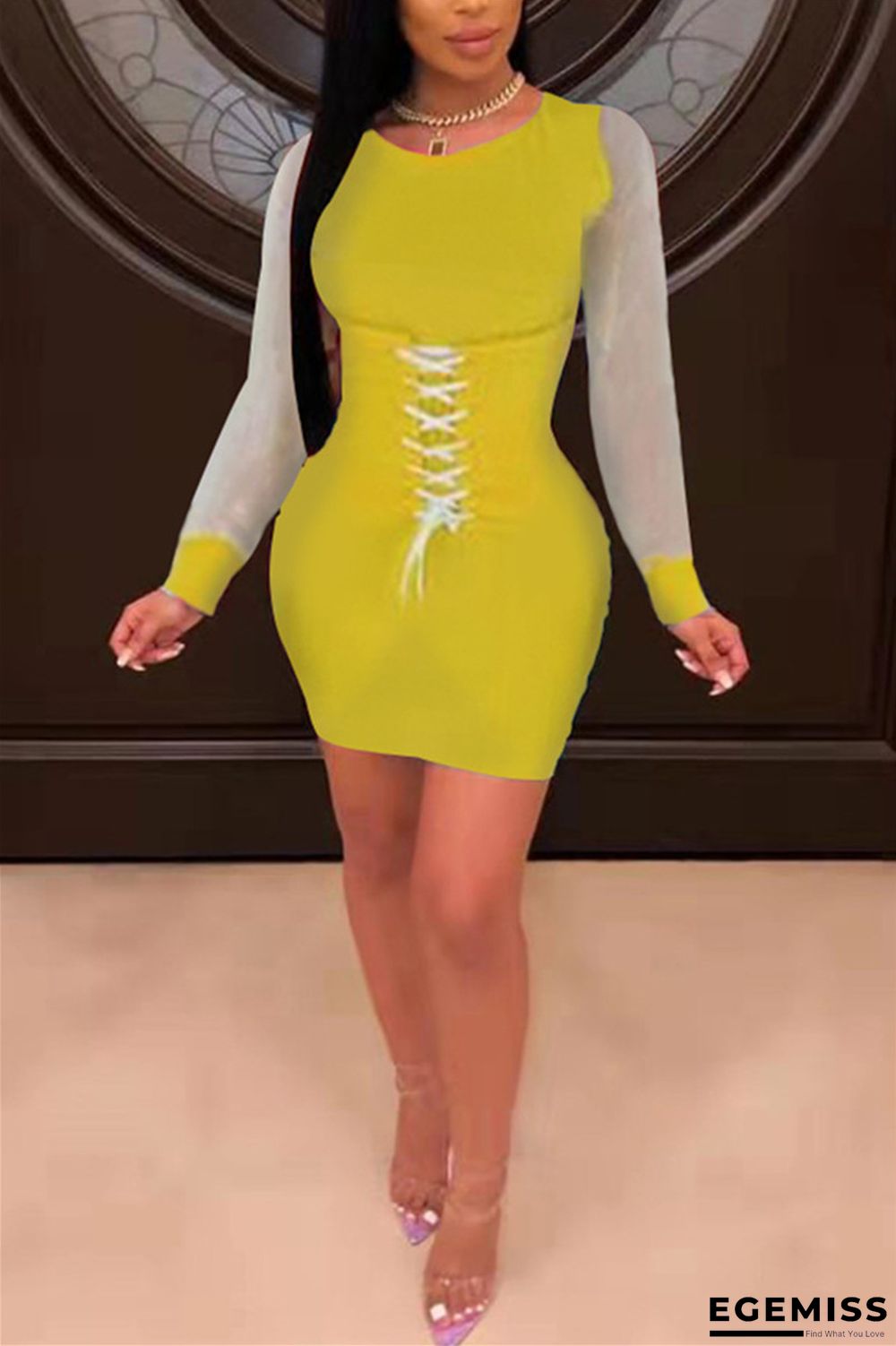 Yellow Leisure Commuter Sexy Patchwork Tight Dress | EGEMISS