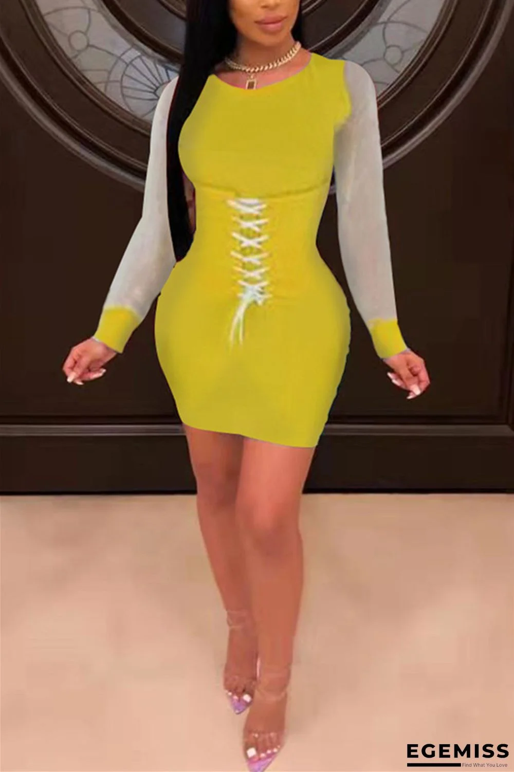 Yellow Leisure Commuter Sexy Patchwork Tight Dress | EGEMISS