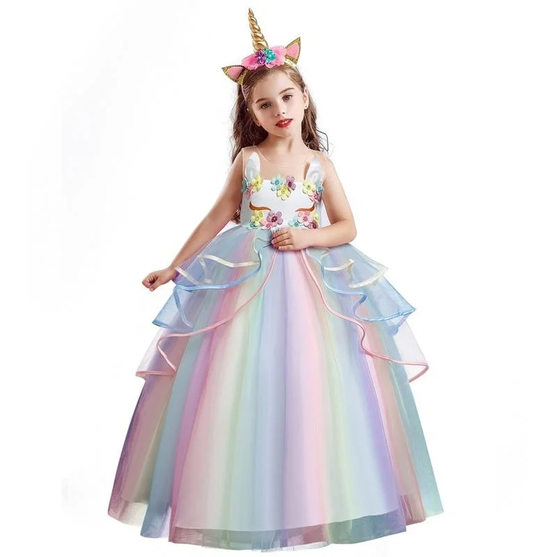 Flower Unicorn Tutu Dress for Little Girl with Headband Birthday Party Rainbow Long Gown Baby Children Fancy Wedding Dress