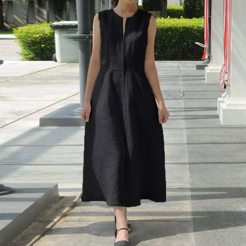 Mature Women Summer V-neck Waist-slimming Belt Cotton And Linen Slit Hemline At Hem Sleeveless Dress