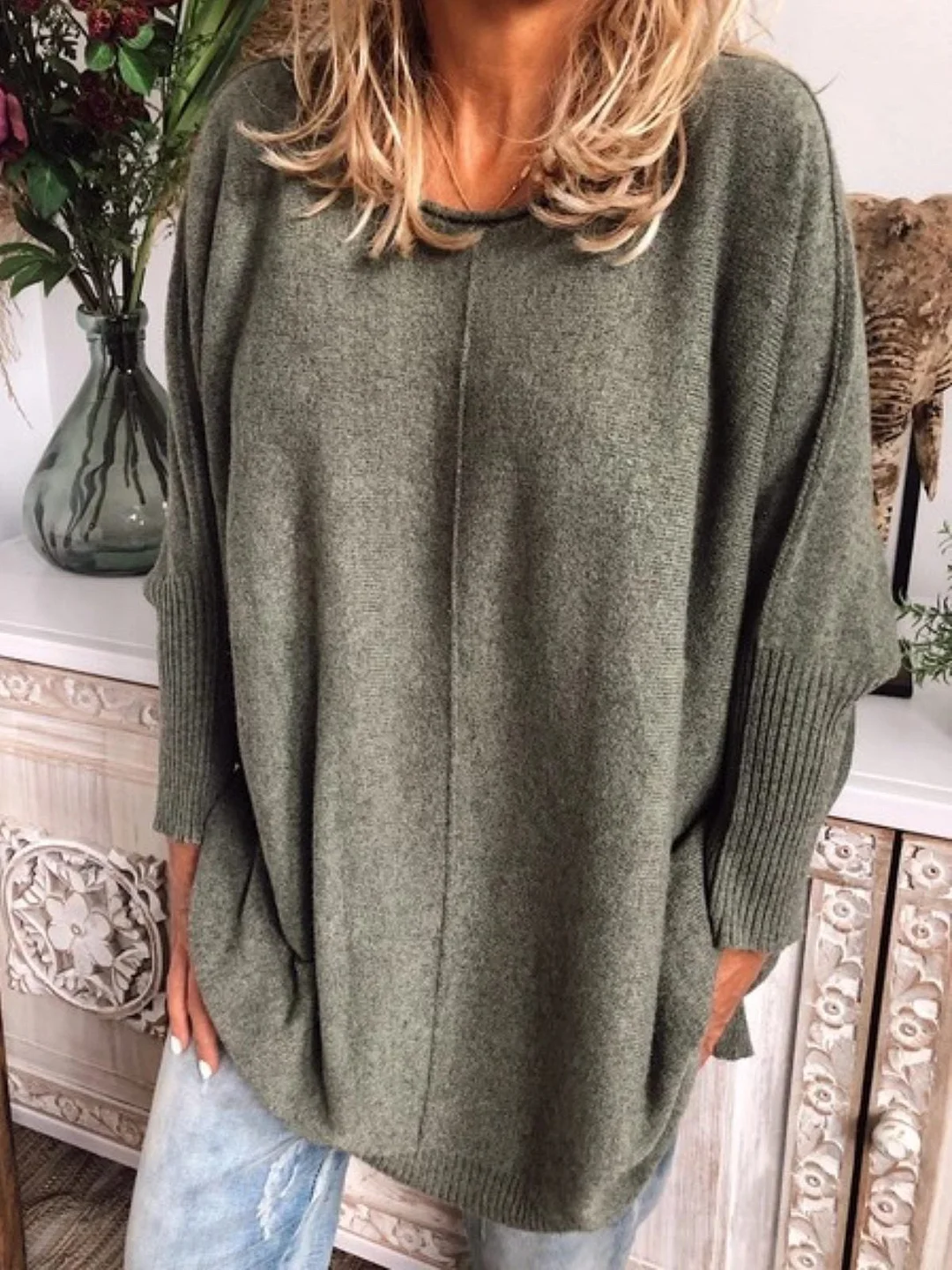 Grey Wool Blend Long Sleeve Casual Plus Size Sweater | EGEMISS
