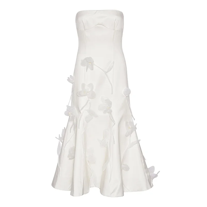 Zingj French Dress Female Sweet And Elegant 2025 Summer New High-End Temperament Light Fishtail Breast Three-Dimensional Flower Dress