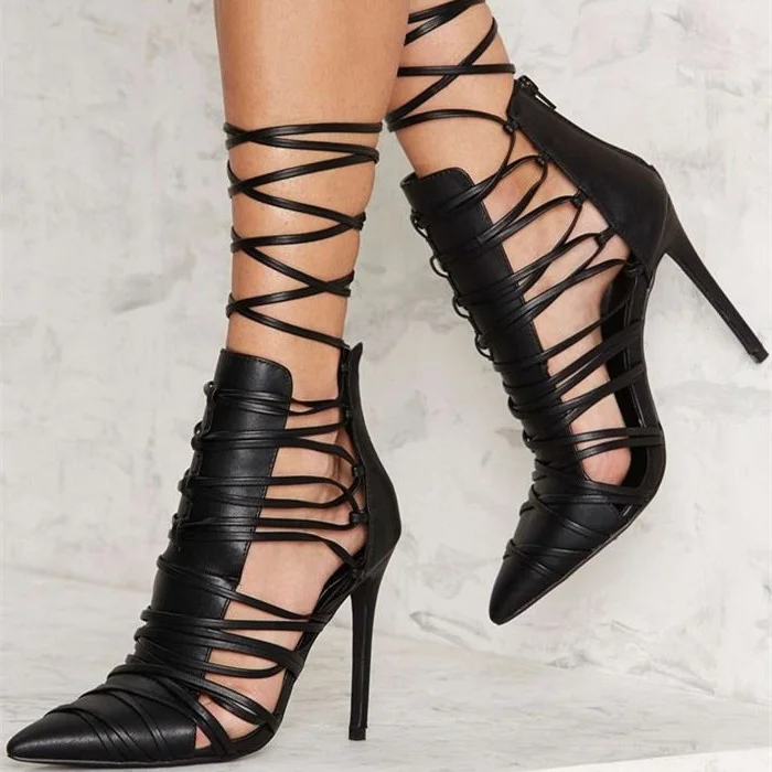Black Lace Up Strappy Pointy Toe Stiletto Heel Pumps Vdcoo