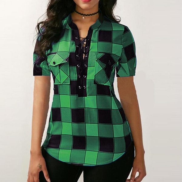 New Summer Women's V-neck Lace Up Plaid Blouse Tops Irregular Plus size Short Sleeve Shirt (S-5XL) - Life is Beautiful for You - SheChoic